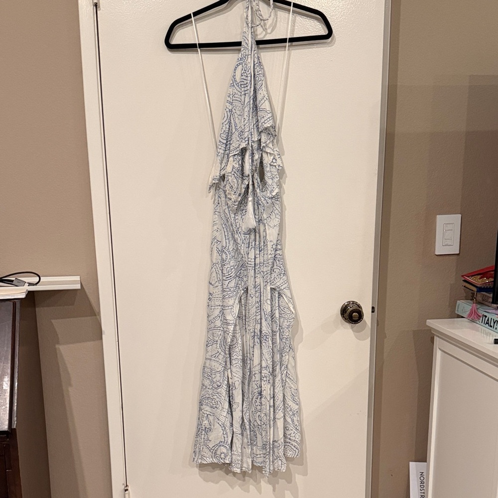 Elegant White and Blue Halter Dress